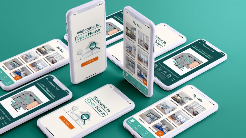 A visualisation of multiple smartphones in tones of white, displaying the same app in tones of orange, green and white, against a green backdrop.
