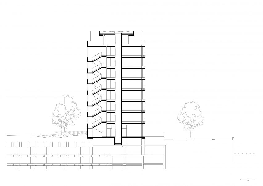 Section of the office building at Lyon Confluence by David Chipperfield Architects