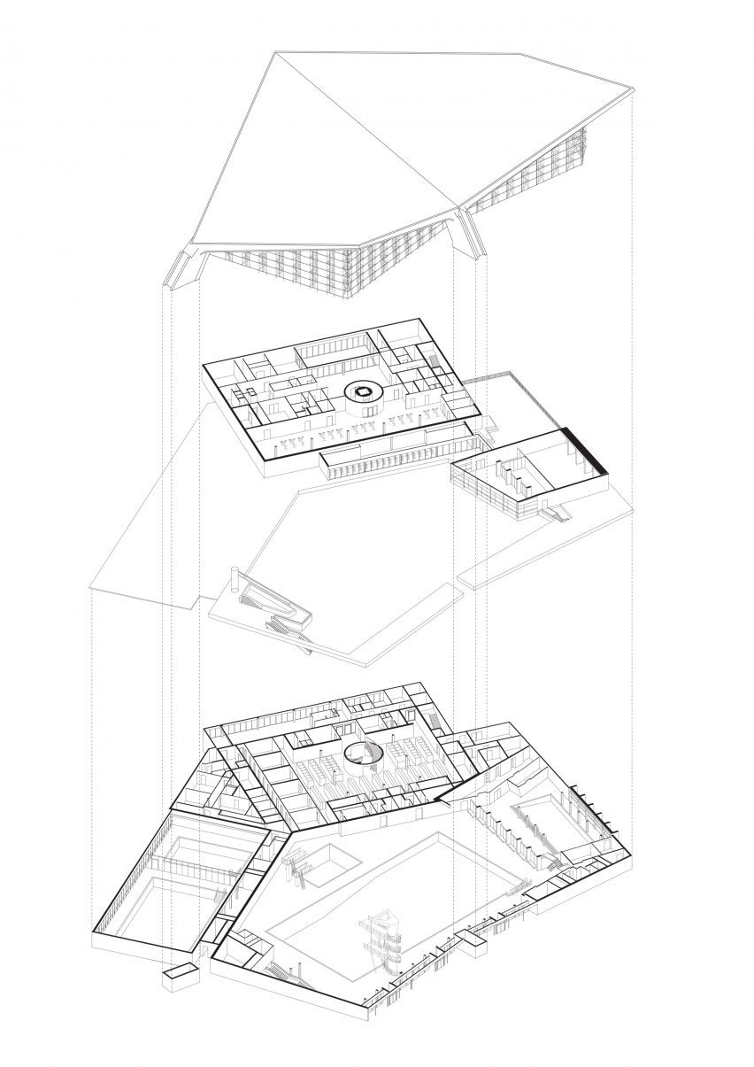 Axo of Alsterschwimmhalle by GMP Architekten