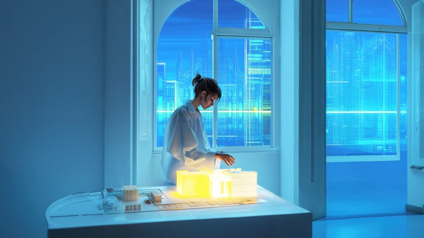 A visualisation of a person interacting with an illuminated architectural model. Behind them is a large window, and they are in a room that is coloured in tones of blue.