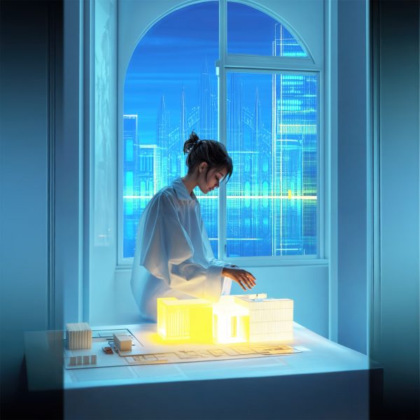 A visualisation of a person interacting with an illuminated architectural model. Behind them is a large window, and they are in a room that is coloured in tones of blue.