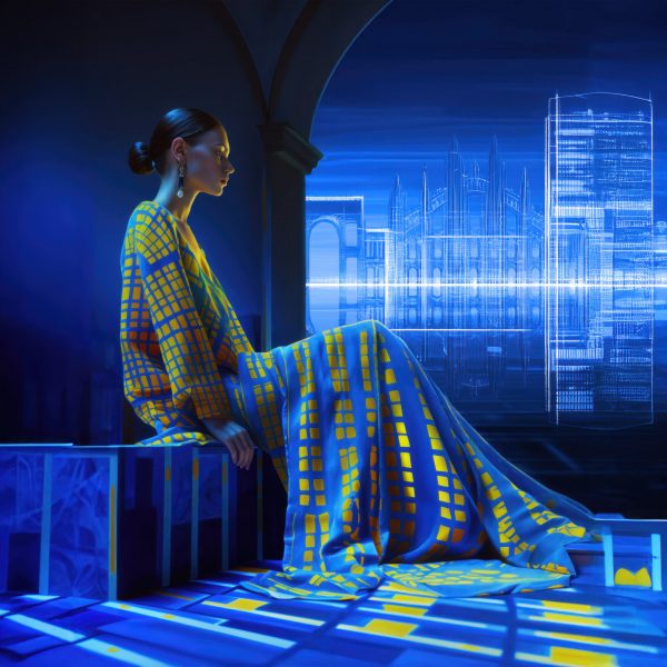 A visualisation of a person sat in a dark room in tones of blue and yellow, wearing a dress of the same colours.