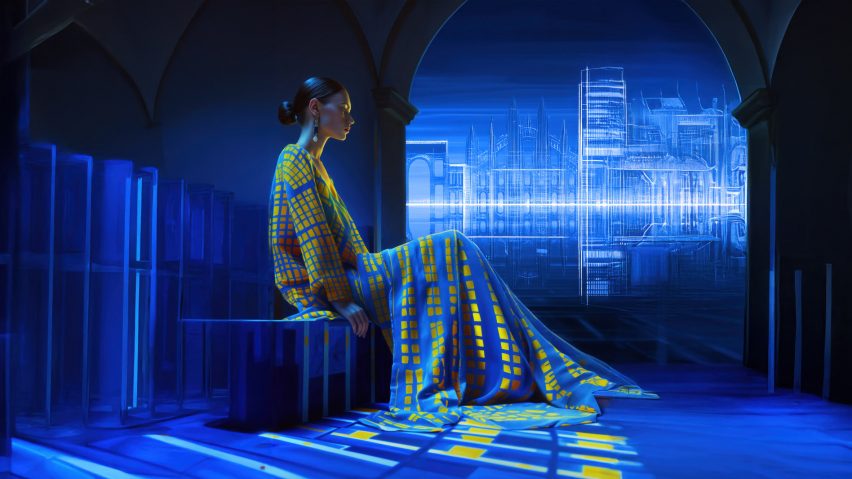 A visualisation of a person sat in a dark room in tones of blue and yellow, wearing a dress of the same colours.