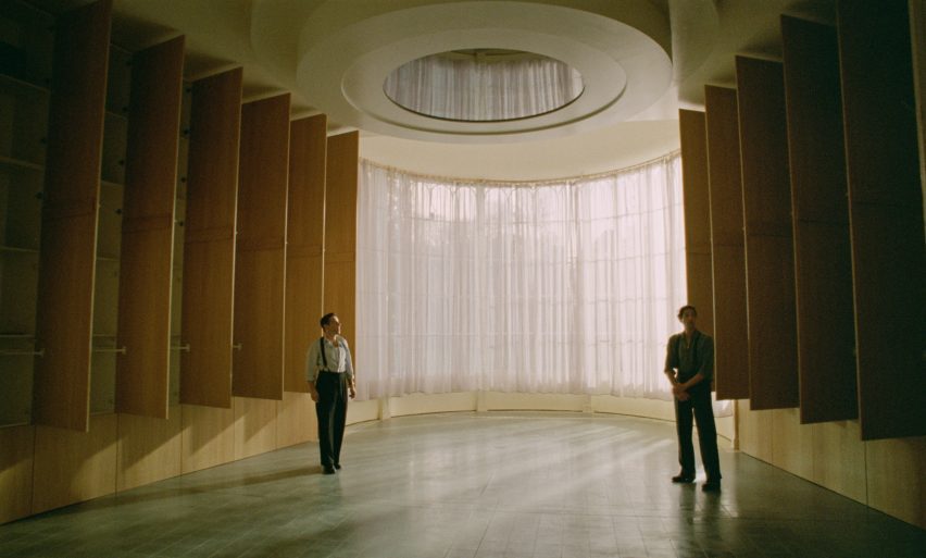 Interior of library in The Brutalist