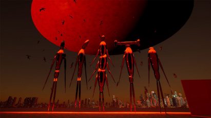 A visualisation of abstract figures in tones of red. There is a city skyline behind them.