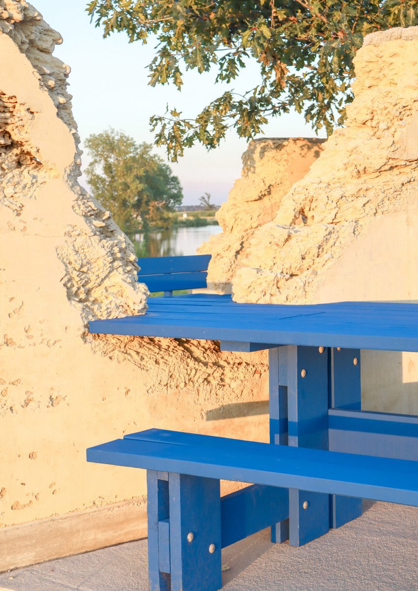 Large blue picnic table