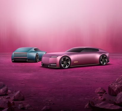 Rendering of pink and blue Jaguar Type 00 concept cars