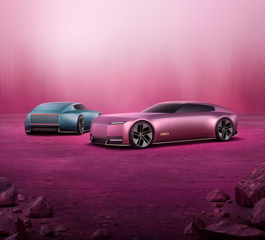 Rendering of pink and blue Jaguar Type 00 concept cars