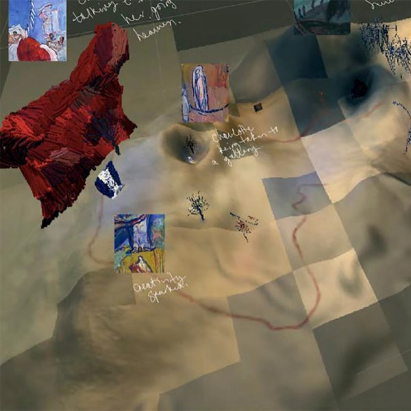A digital abstract image in tones of brown, red and blue