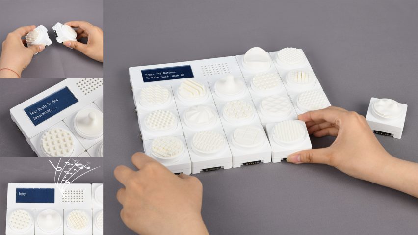 A photograph of a person's hands interacting with a white electronic object