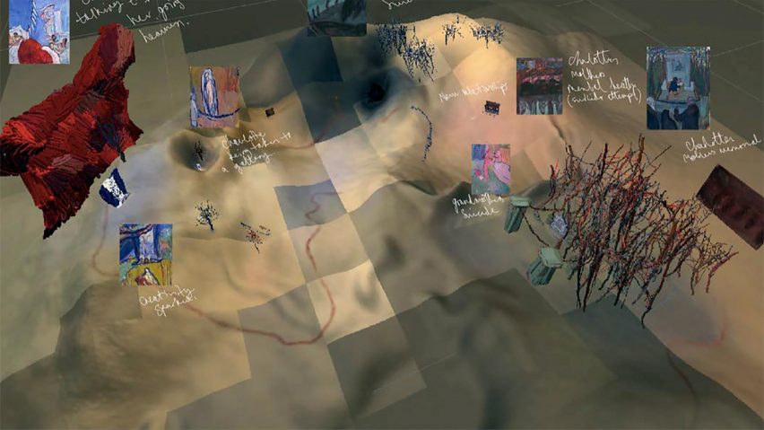 A digital abstract image in tones of brown, red and blue