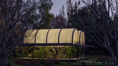 Glass brick greenhouse at night