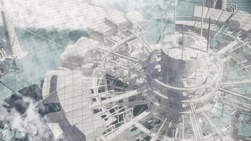A visualisation of a building in tones of white and grey, with a circular shape.
