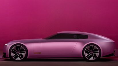Pink Type 00 concept car by Jaguar on a pink backdrop