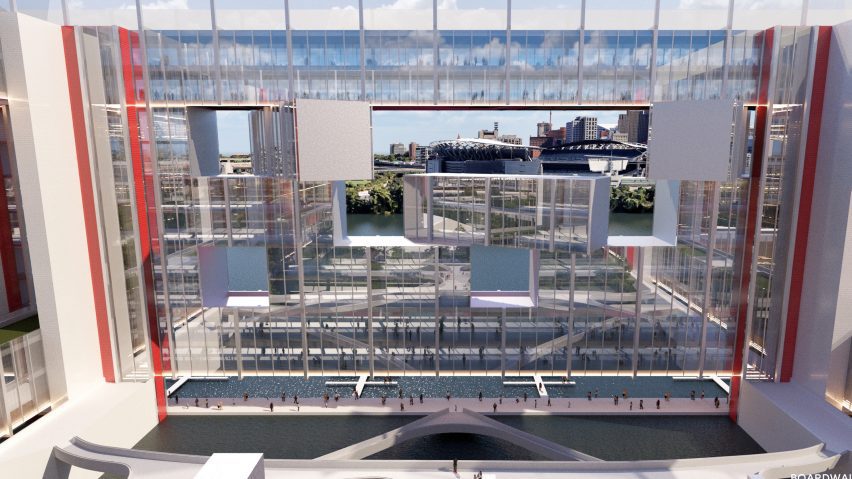 A visualisation of a glass building in tones of blue and red, at a waterfront. There are multiple people in front of it.