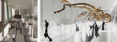 Two visualisations showing the interior design of a building. One is in metallic silver tones, with people walking through the space below an art installation hanging from the ceiling. The other shows a large room in the same colours, with people throughout the space.