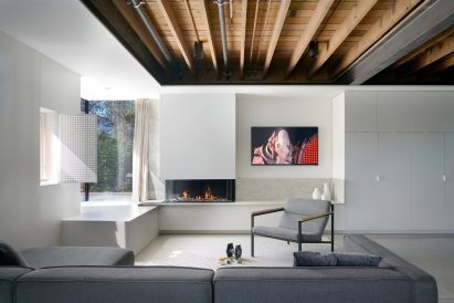 Exposed wooden ceiling in modern kitchen