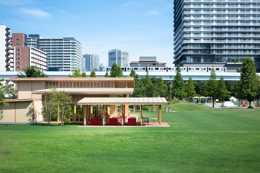 Blue Bottle Coffee Toyosu Park Cafe seen from afar in park