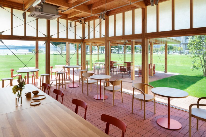 Red furniture inside Blue Bottle Coffee Toyosu Park Cafe