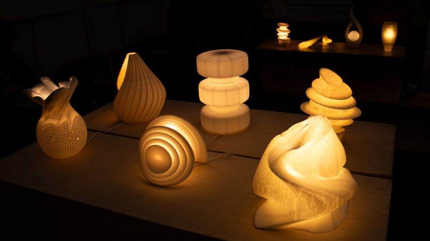 Photo of 3D-printed lamps by Fay Jones School of Architecture and Design students