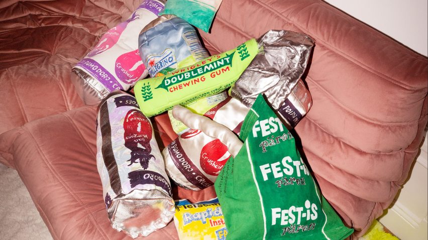 cushions disguised as packets of Aspirin and chewing gum by Anna Nordström.