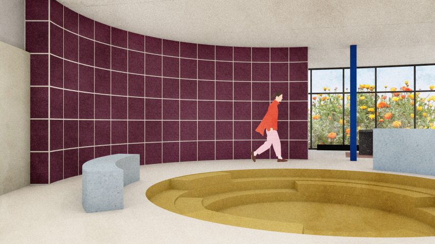 Digital illustration of woman walking through showroom