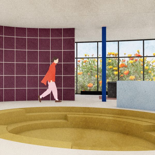 Digital illustration of woman walking through showroom