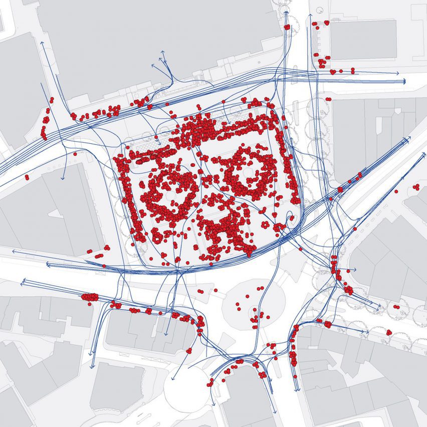 a map in tones of white, grey, blue and red