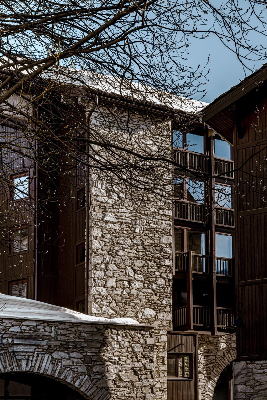 Stone and wood exterior of chalet