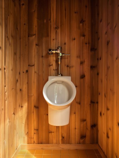 Wall-mounted urinal within a wood-lined space