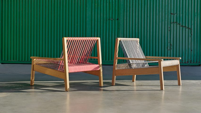 Chairs with seats made from fire hoses