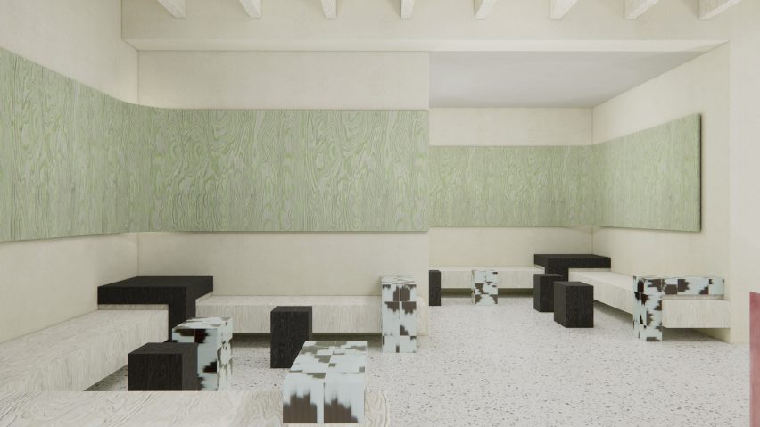 A visualisation of an interior in tones of white and green, in a square, geometric shape.