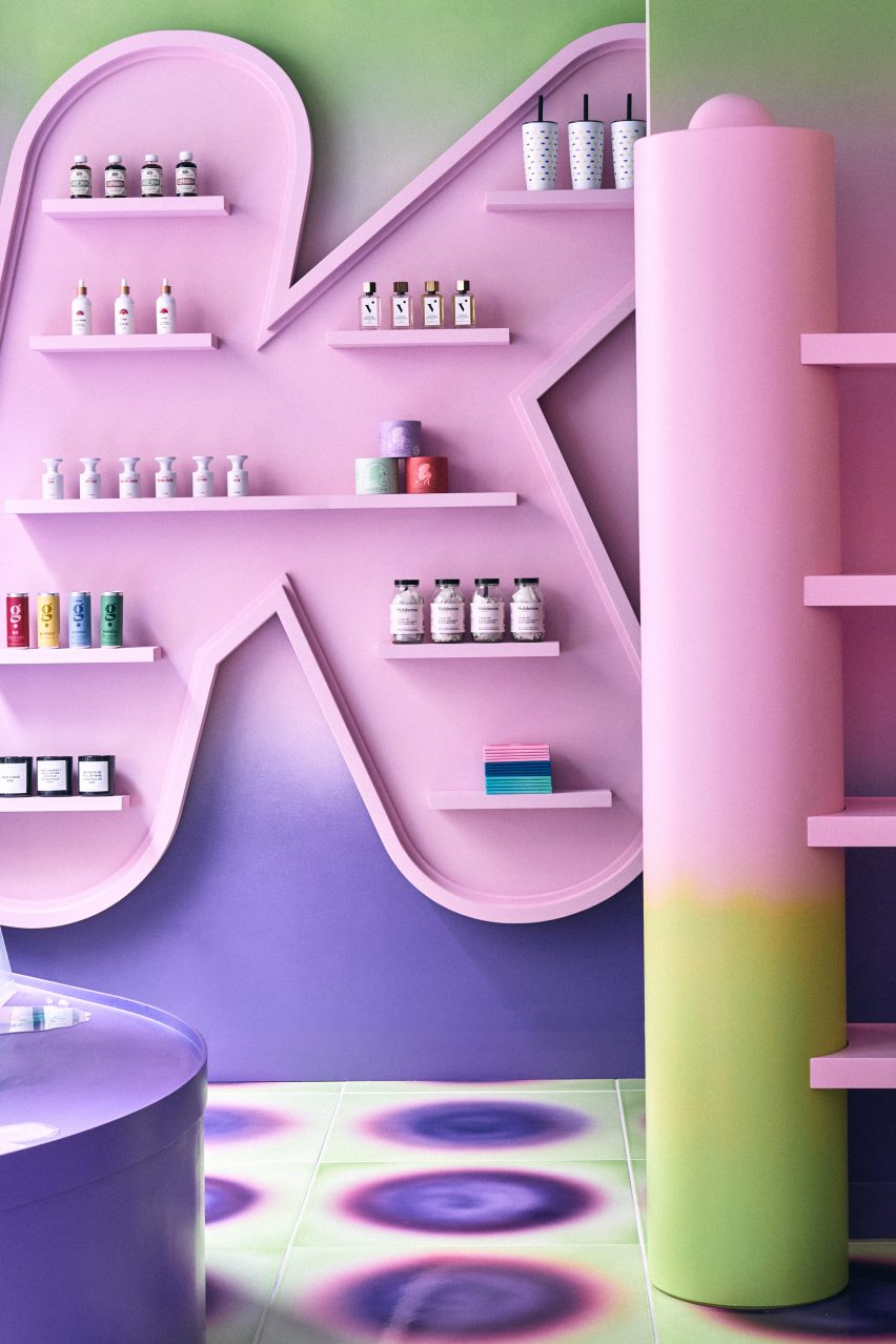K-shaped pink shelf inside London retailer