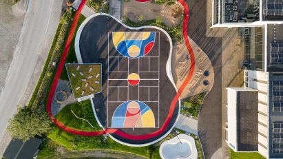 Aerial view of basketball park and multipurpose plaground