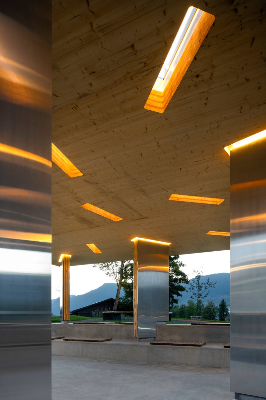 The aluminium pavilion uses recycled panels from Shapes by Hydro