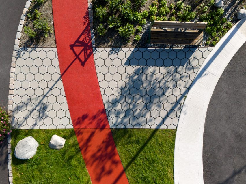 Birds' eye view of pathways and seating and planting