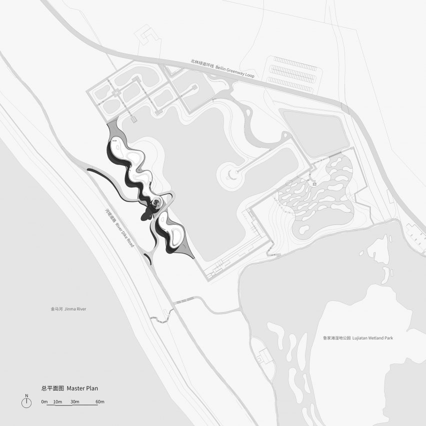 Site plan of the Lujiatan Wetland Park Commercial Service Center in Chengdu by Muda Architects