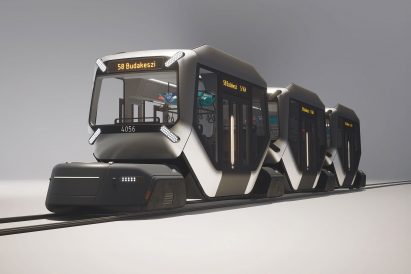 A visualisation of a vehicle design in tones of grey, with glass windows and doors, and lights in tones of yellow and white.