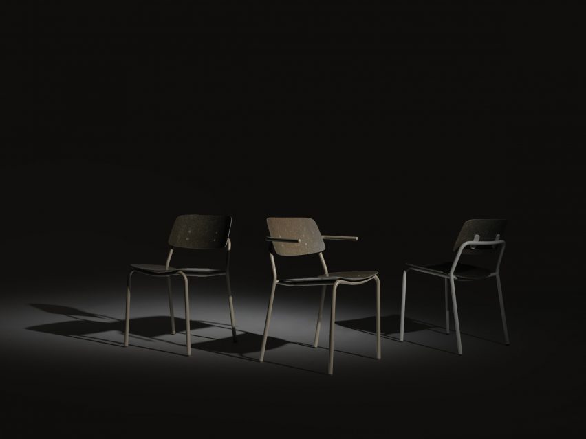 Photo of three Reviv chairs by Rianne Koens, showing dark, mottled plastic-like seats and backrests made from Rezign veneer by Planq