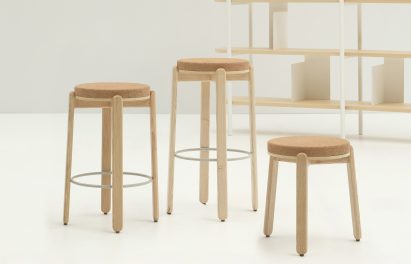 Photo of three Harvest stools by Rianne Koen with light timber frames and circular cork tops