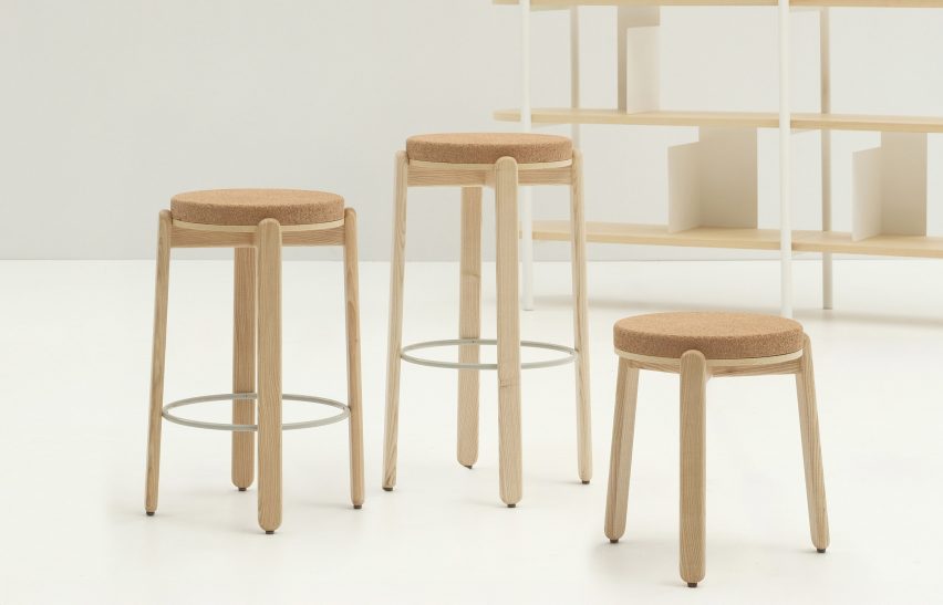 Photo of three Harvest stools by Rianne Koen with light timber frames and circular cork tops