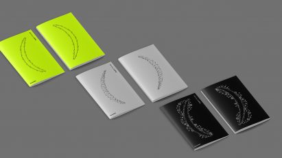 A photograph of three sets of two books, one set is fluorescent green, another is grey and another black. They are placed against a dark grey backdrop.