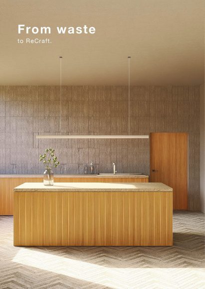 A photograph of a room in tones of beige featuring a wooden counter. At the top of the image is white text that reads, 'From waste, re-craft'.