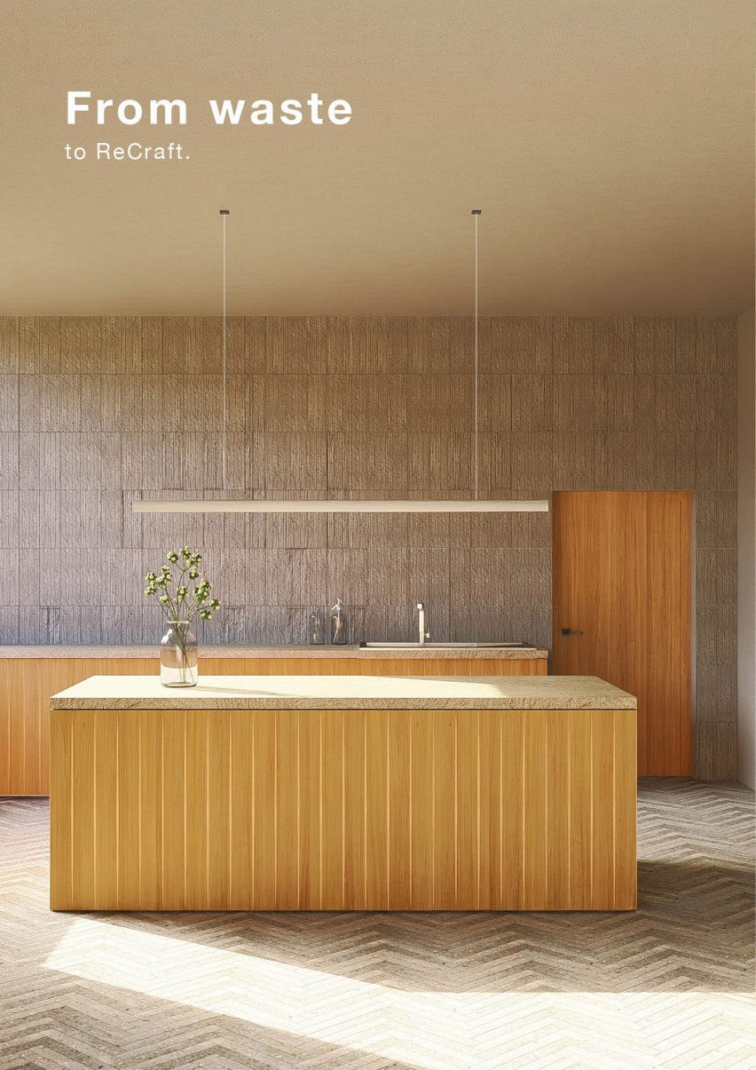A photograph of a room in tones of beige featuring a wooden counter. At the top of the image is white text that reads, 'From waste, re-craft'.