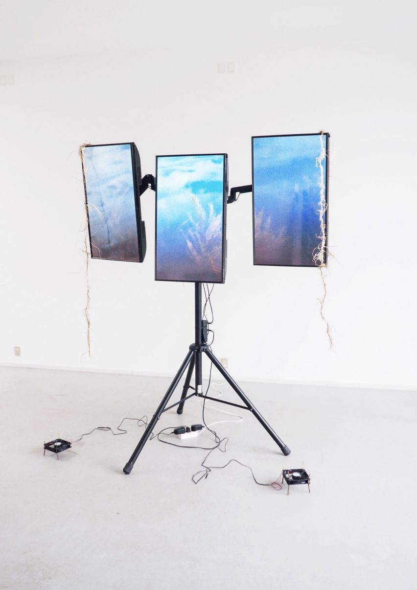 A photograph of a structure holding three blue screens, with legs in tones of black, against a white backdrop.