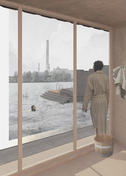 A visualisation of a person in a beige coloured room, wearing clothing in tones of white, standing in front of a large window that overlooks a body of water.