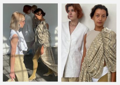 Two photographs next to one another; the first showing a group of people walking, facing one another, in clothing in tones of beige and white. The second shows two people facing the camera, in clothing of the same colours.