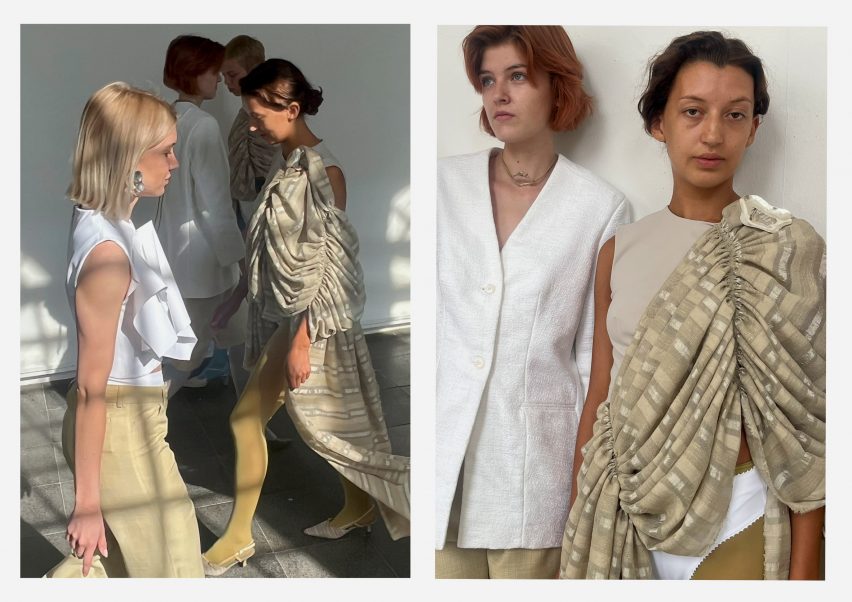 Two photographs next to one another; the first showing a group of people walking, facing one another, in clothing in tones of beige and white. The second shows two people facing the camera, in clothing of the same colours.