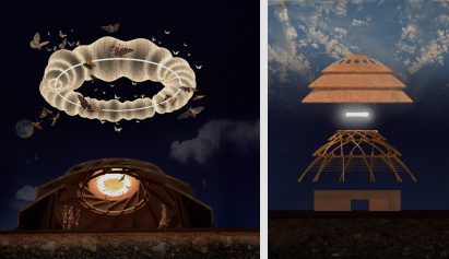 Two visualisations of a building in tones of brown and white, against a dark blue backdrop.