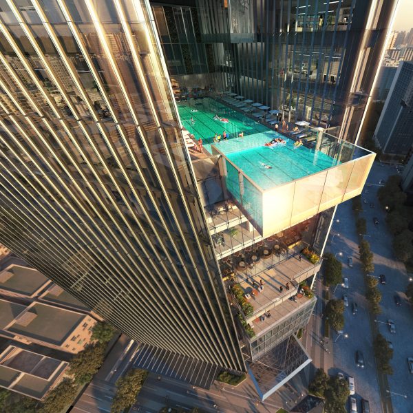Render of cantilevered pool at Taichung Bank Headquarters in Taiwan